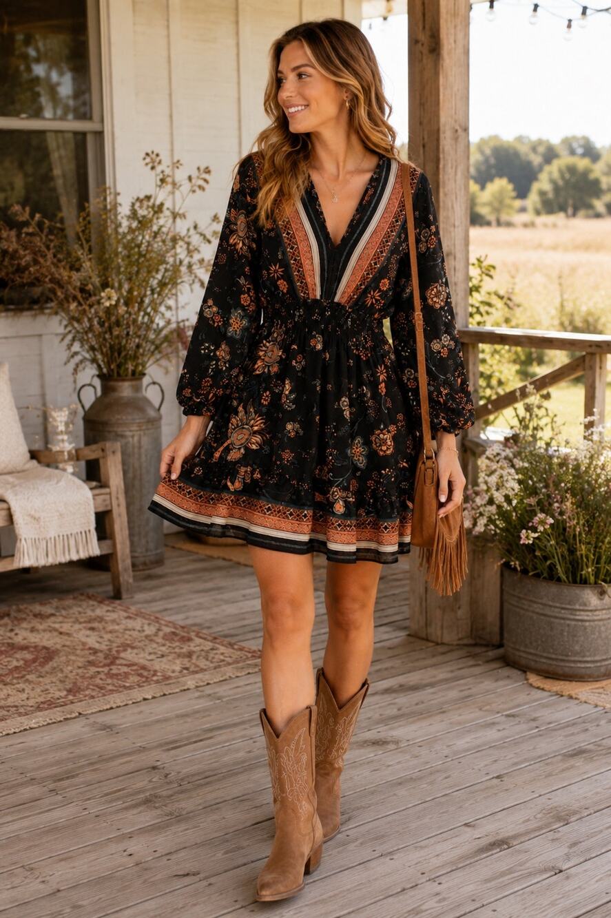 Lovestitch Boho Mini Dress Medium Black Floral Peasant Tassel Festival